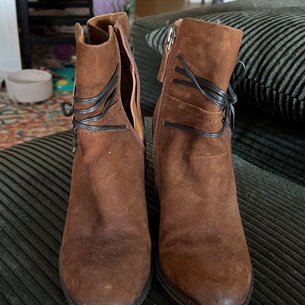 Franco Sarto Brown Suede Ankle Boot with Black Leather String Strap